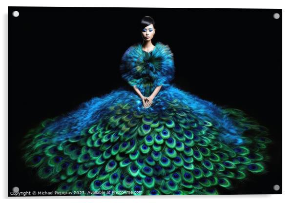 Woman wearing a surreal dress made of peacock feathers created w Acrylic by Michael Piepgras