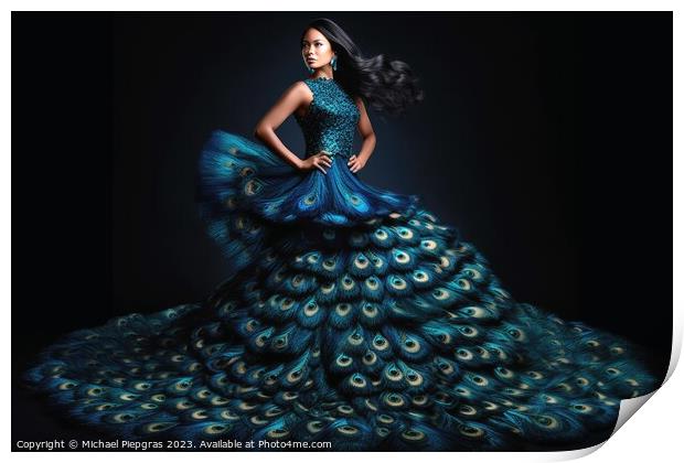 Woman wearing a surreal dress made of peacock feathers created w Print by Michael Piepgras