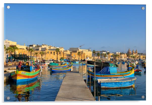 Boats in Marsaxlokk Fishing Village Port in Malta Acrylic by Artur Bogacki