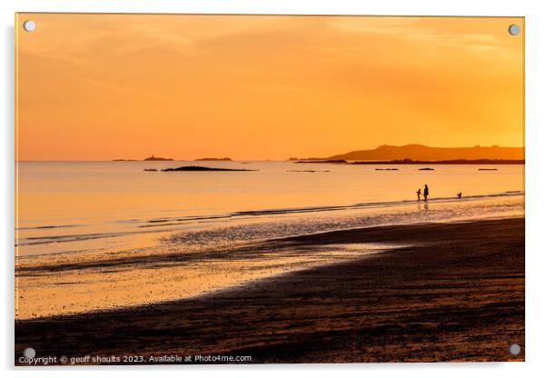 Rhosneigr beach at sunset Acrylic by geoff shoults