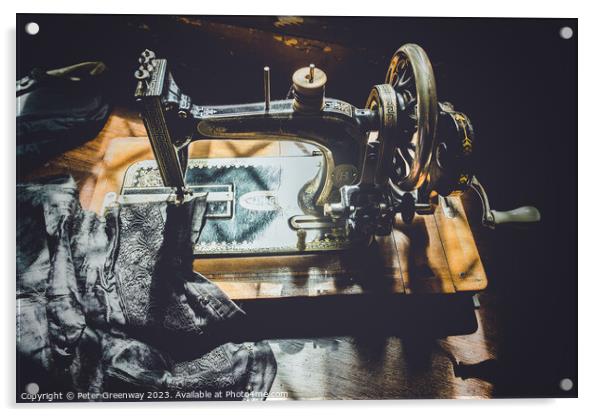 Hand Cranked Vintage Sewing Machine Sunlit On A Wo Acrylic by Peter Greenway