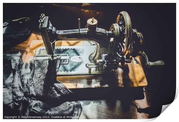 Hand Cranked Vintage Sewing Machine Sunlit On A Wo Print by Peter Greenway