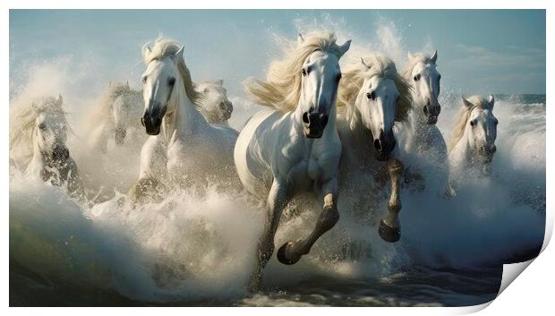 White horses riding Print by Massimiliano Leban