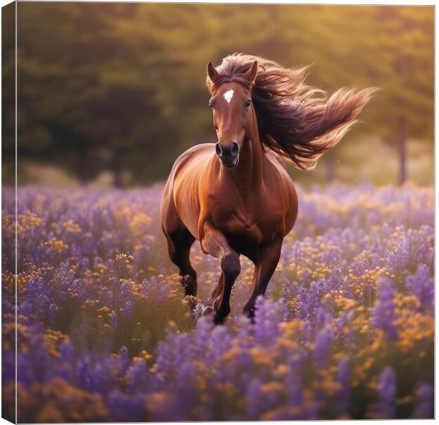 Mustang Horse in a Lavender Field Canvas Print by Massimiliano Leban