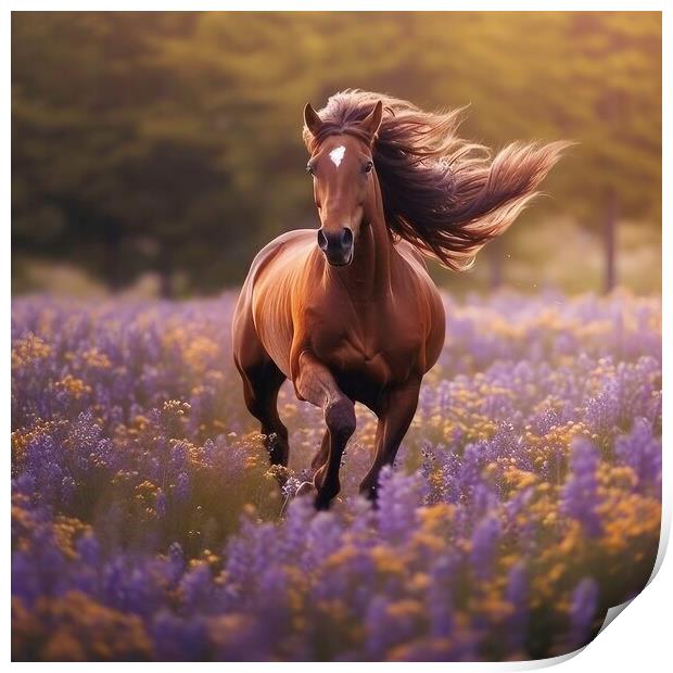 Mustang Horse in a Lavender Field Print by Massimiliano Leban