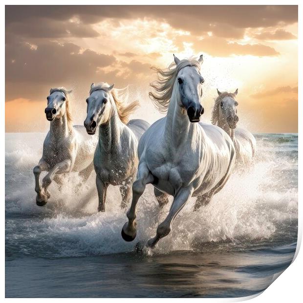 Mustang Horses Running by Sea Print by Massimiliano Leban