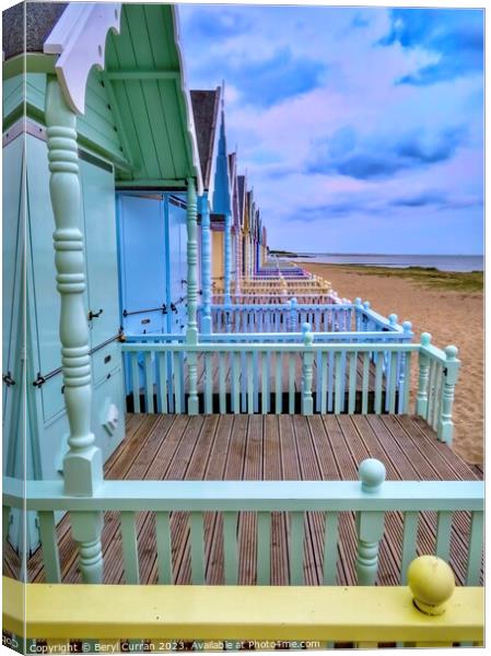  Mersea Islands Charming Pastel Beach Huts  Canvas Print by Beryl Curran