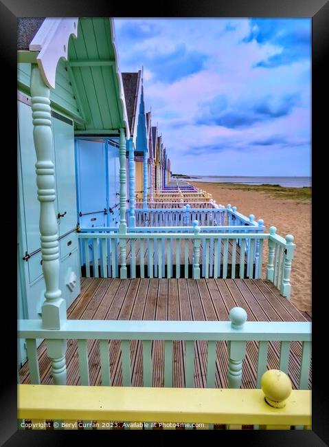  Mersea Islands Charming Pastel Beach Huts  Framed Print by Beryl Curran