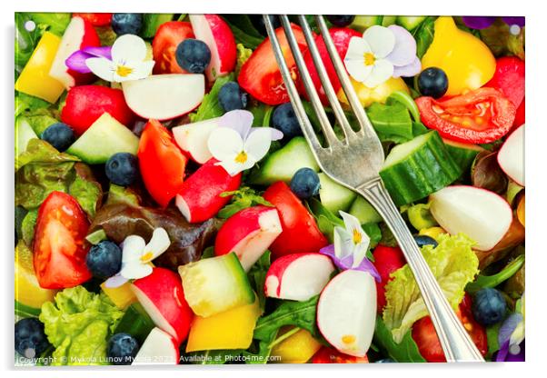 Tasty light salad with edible flowers Acrylic by Mykola Lunov Mykola