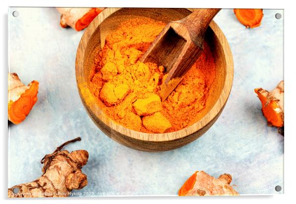 Turmeric root and turmeric powder, medicine herb. Acrylic by Mykola Lunov Mykola