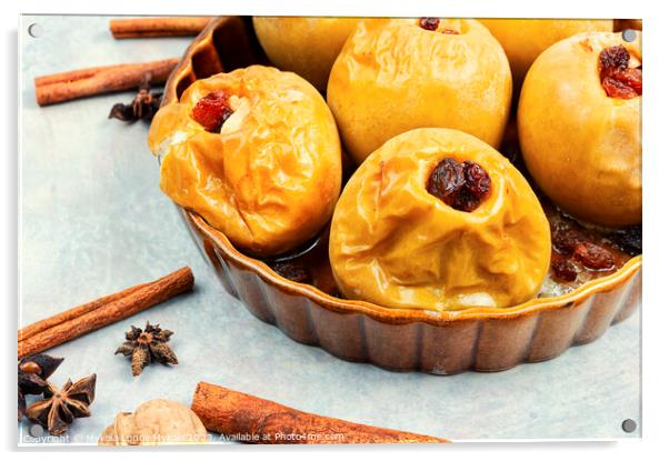 Baked autumn apples with nuts and raisins Acrylic by Mykola Lunov Mykola