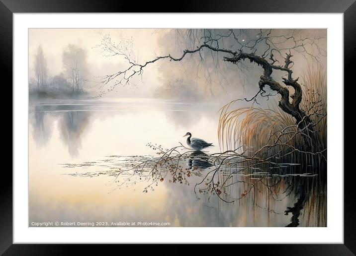 Misty Morning Duck Framed Mounted Print by Robert Deering