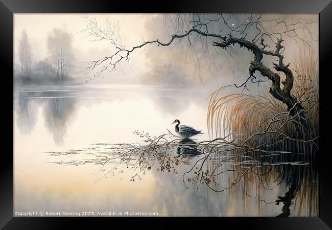 Misty Morning Duck Framed Print by Robert Deering