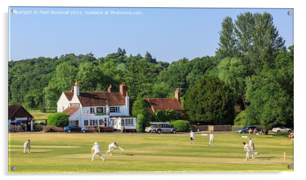 Tilford Village Cricket on the Green Surrey pano Acrylic by Pearl Bucknall