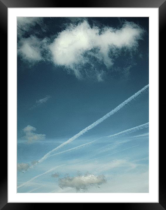 fluffy white clouds and vapour trails Framed Mounted Print by Heather Newton