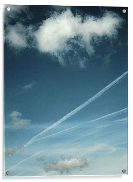 fluffy white clouds and vapour trails Acrylic by Heather Newton