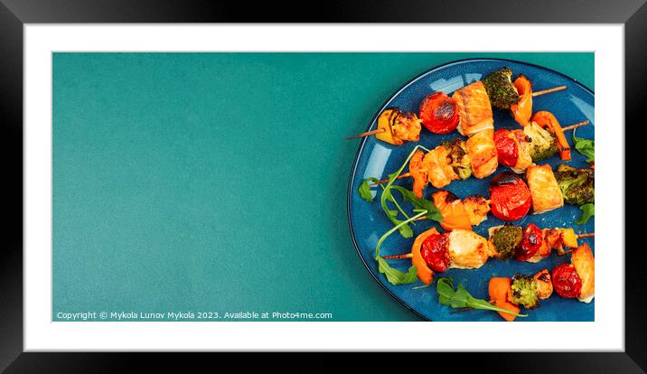 Fish salmon skewers, space for text. Framed Mounted Print by Mykola Lunov Mykola