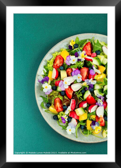 Edible flowers vegan salad in a plate. Framed Mounted Print by Mykola Lunov Mykola