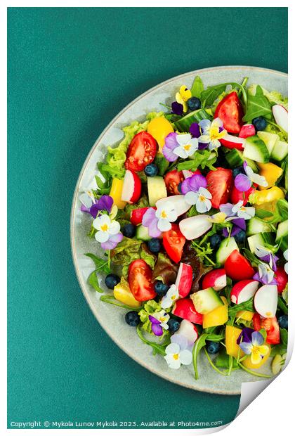 Edible flowers vegan salad in a plate. Print by Mykola Lunov Mykola
