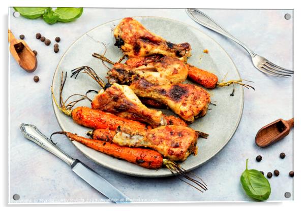 Baked chicken drumstick with carrots. Acrylic by Mykola Lunov Mykola