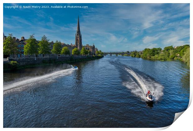 Jet Skiers on the River Tay, Perth Print by Navin Mistry