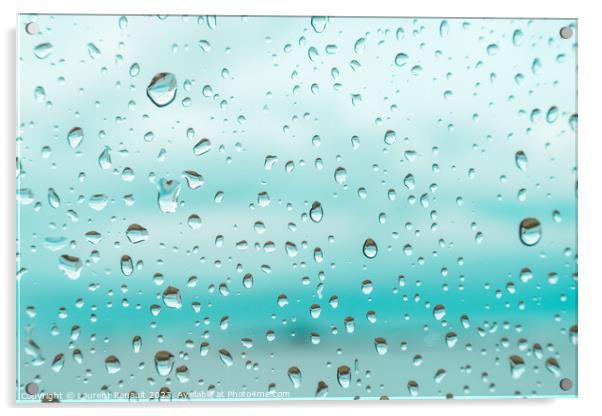 Drops on a window glass with blurry blue background Acrylic by Laurent Renault