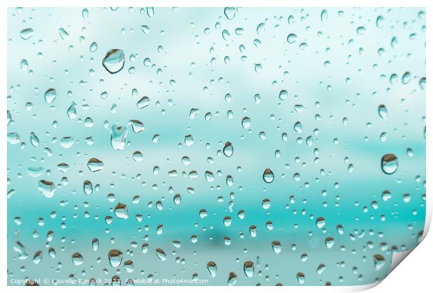 Drops on a window glass with blurry blue background Print by Laurent Renault