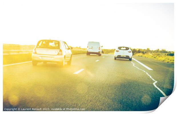 On blur traffic road with colorful bokeh light abstract. Real tr Print by Laurent Renault