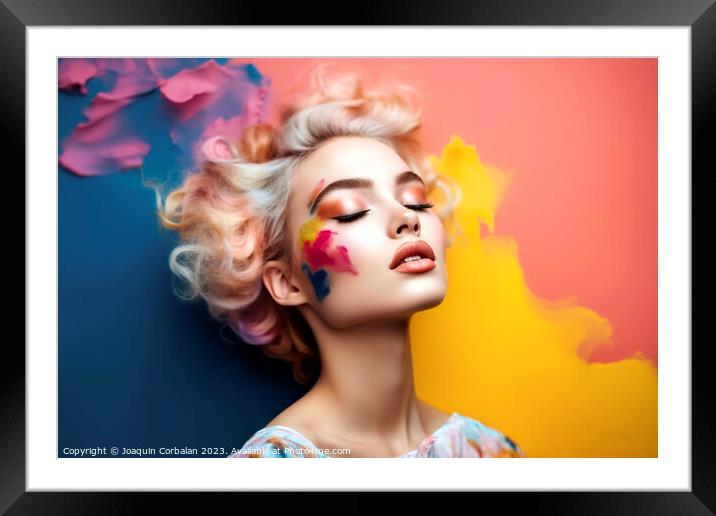 Young female model with colorful makeup against a vibrant painte Framed Mounted Print by Joaquin Corbalan