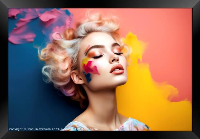 Young female model with colorful makeup against a vibrant painte Framed Print by Joaquin Corbalan