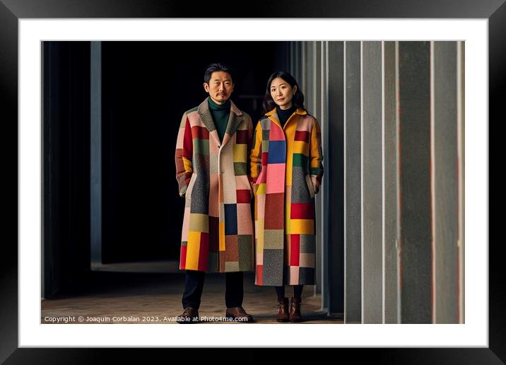 An adult Japanese couple, wearing colorful clothes, posing serious and relaxed Ai generated. Framed Mounted Print by Joaquin Corbalan
