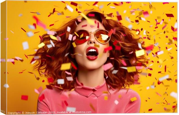 pretty young woman surrounded by an explosion of confetti, against a vibrant colored background. AI Generated Canvas Print by Joaquin Corbalan