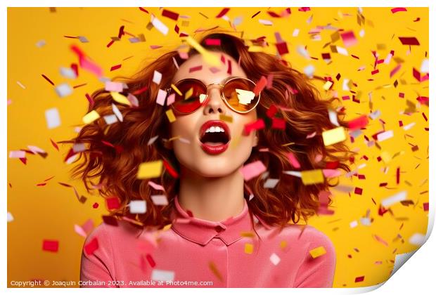 pretty young woman surrounded by an explosion of confetti, against a vibrant colored background. AI Generated Print by Joaquin Corbalan