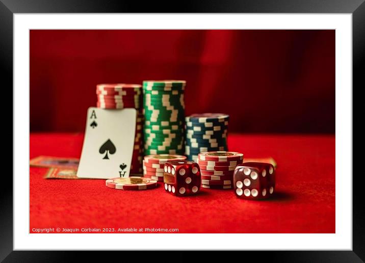 Immerse yourself in the thrill of the casino with vibrant red dice and sparkling casino chips. AI Generated. Framed Mounted Print by Joaquin Corbalan