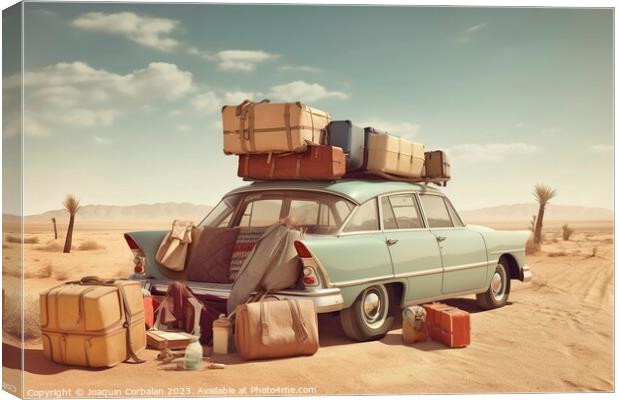 Illustration of a vintage car loaded with suitcases to go on a l Canvas Print by Joaquin Corbalan