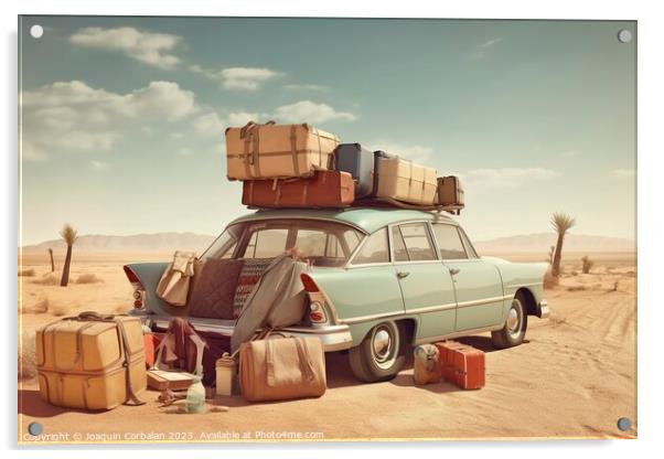 Illustration of a vintage car loaded with suitcases to go on a l Acrylic by Joaquin Corbalan