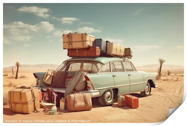 Illustration of a vintage car loaded with suitcases to go on a l Print by Joaquin Corbalan