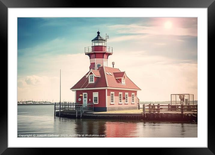 The famous Paard lighthouse at the end of a jetty. Ai generated. Framed Mounted Print by Joaquin Corbalan