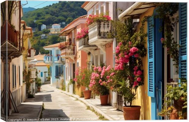 Picturesque and touristy cobbled street in Greece. Ai generated. Canvas Print by Joaquin Corbalan