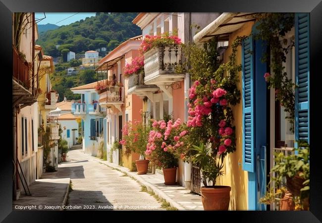 Picturesque and touristy cobbled street in Greece. Ai generated. Framed Print by Joaquin Corbalan