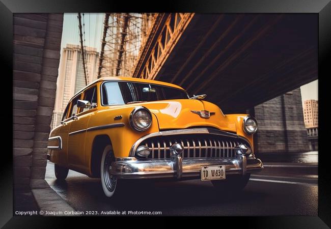 A retro New York taxi still drives through the streets of the ci Framed Print by Joaquin Corbalan