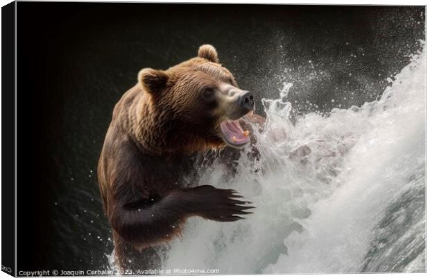 A bear tries to catch a salmon that jumps in a stream. Ai genera Canvas Print by Joaquin Corbalan