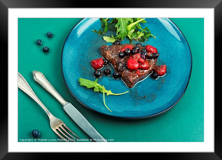 Beef steak roasted in berry sauce. Framed Mounted Print by Mykola Lunov Mykola