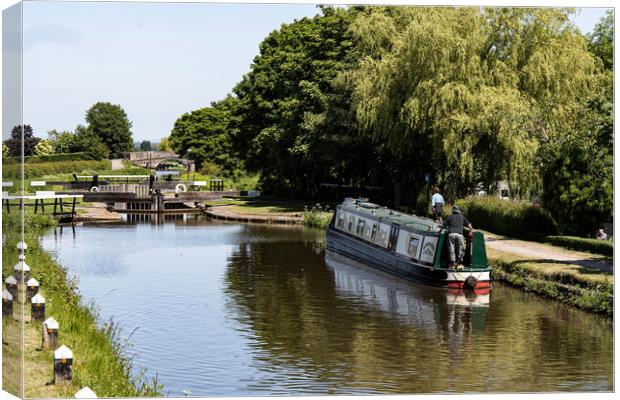 Barge in Rufford lock Canvas Print by David French