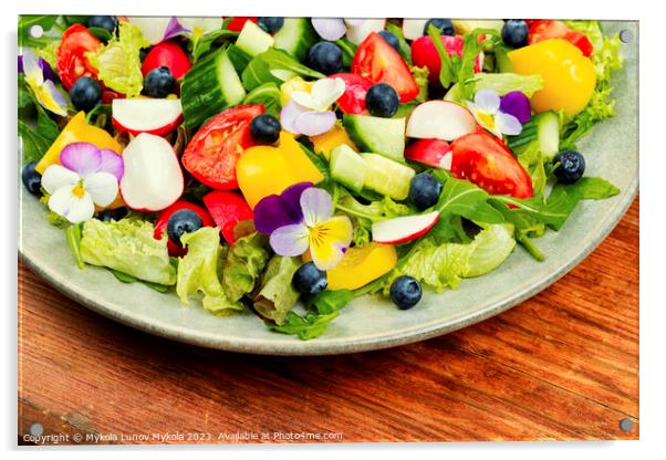 Tasty summer salad with edible flowers Acrylic by Mykola Lunov Mykola