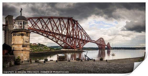 North Queensferry Harbour Light Tower and the Forth Bridge Print by Douglas Milne