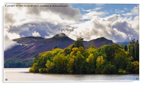 Catbells and Derwent Isle across Derwentwater pano Acrylic by Pearl Bucknall