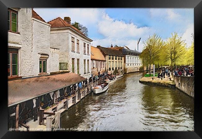 Bruges canal jetty - CR2304-8974-OIL Framed Print by Jordi Carrio