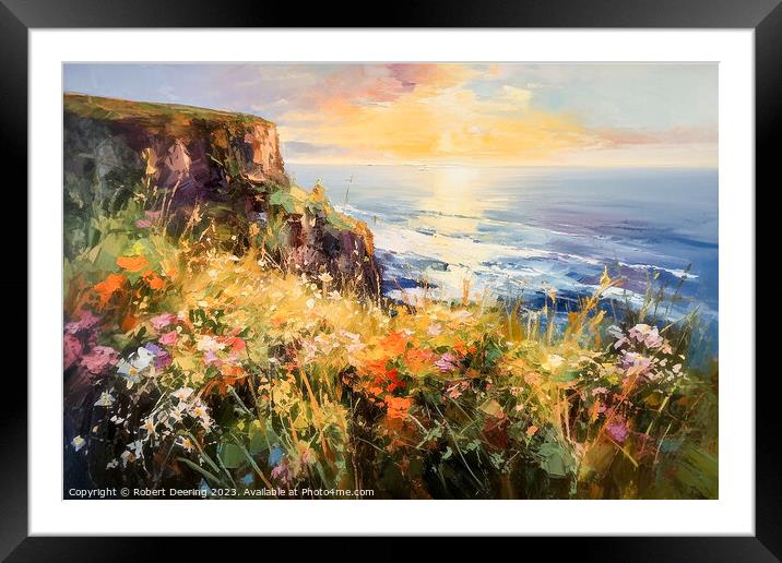 Sea Cliifs and Wildflowers Golden Hour 1 Framed Mounted Print by Robert Deering