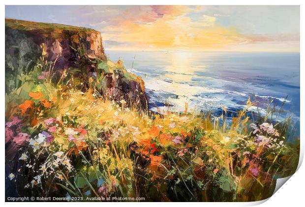 Sea Cliifs and Wildflowers Golden Hour 1 Print by Robert Deering
